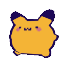 A round yellow creature with pointy purple-tipped ears, rosy cheeks, and a happy face